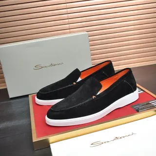 Santoni 黑色橙色麂皮白色鞋底乐福鞋