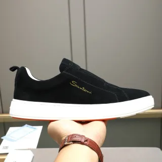 Santoni Black White Slip-On Suede Upper Lifestyle Sneakers