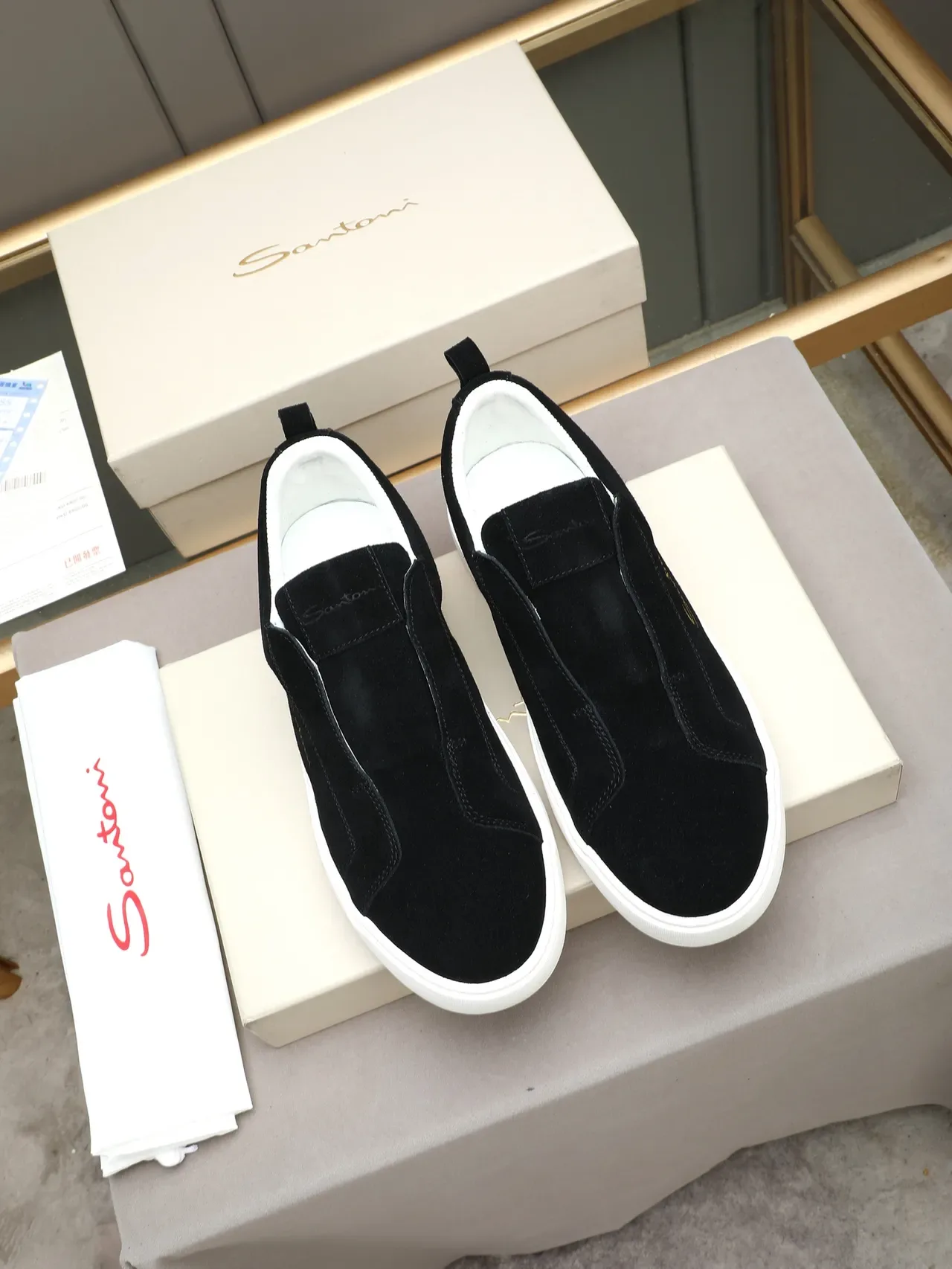 Santoni Black White Slip-On Suede Upper Lifestyle Sneakers 2