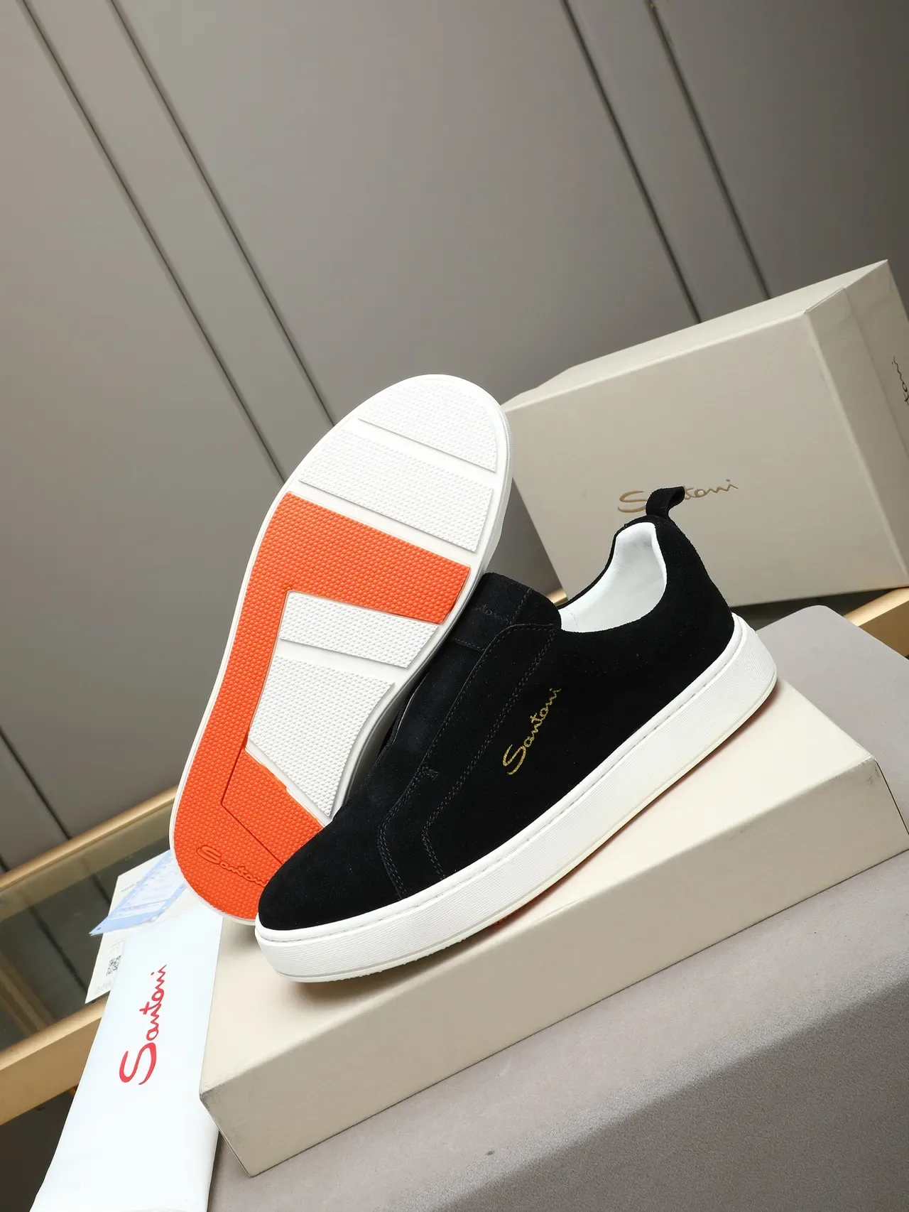 Santoni Black White Slip-On Suede Upper Lifestyle Sneakers 4