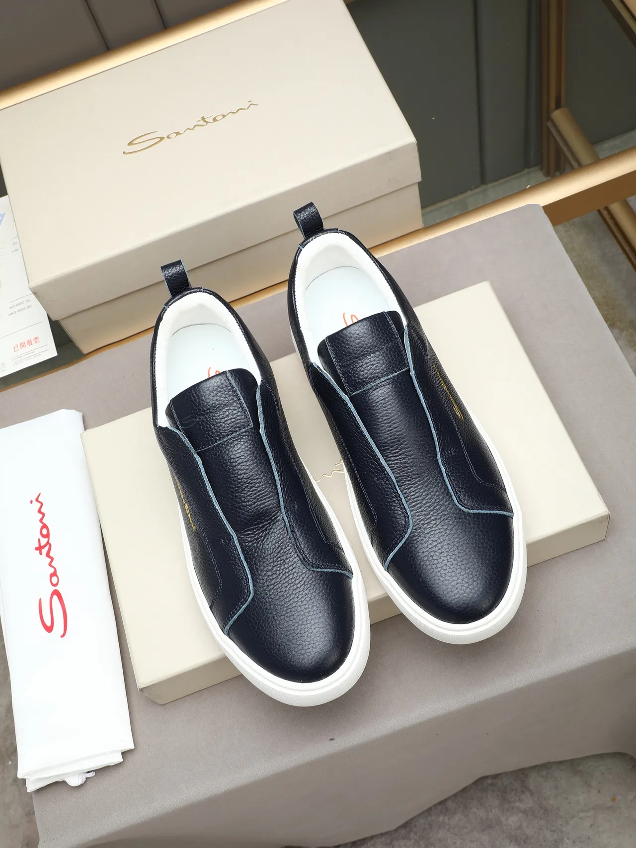 Santoni Navy Peppled Leather Slip-On Loafers 2