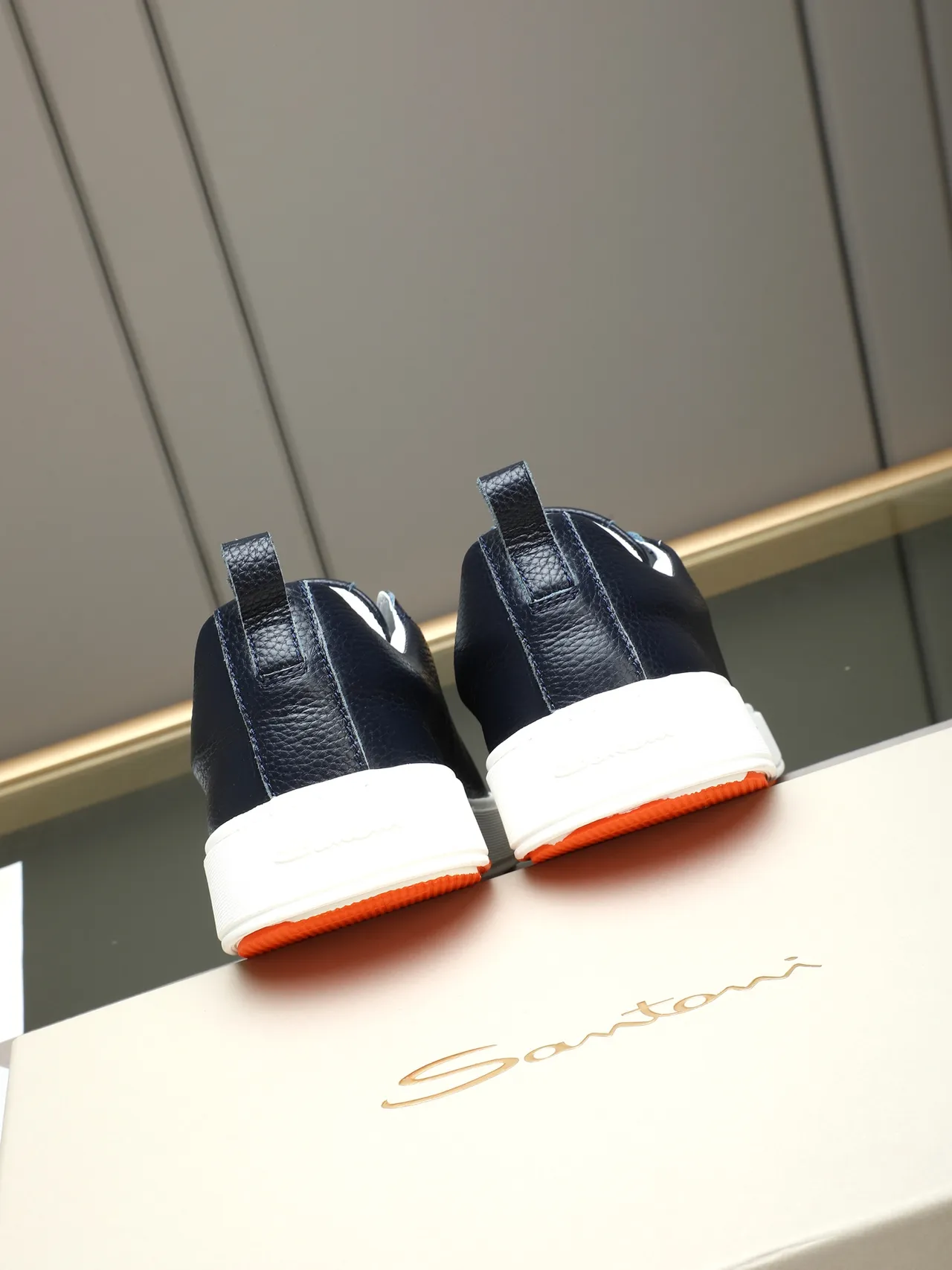 Santoni Navy Peppled Leather Slip-On Loafers 3