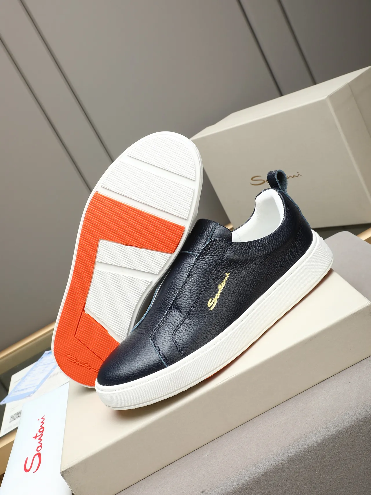 Santoni Navy Peppled Leather Slip-On Loafers 4