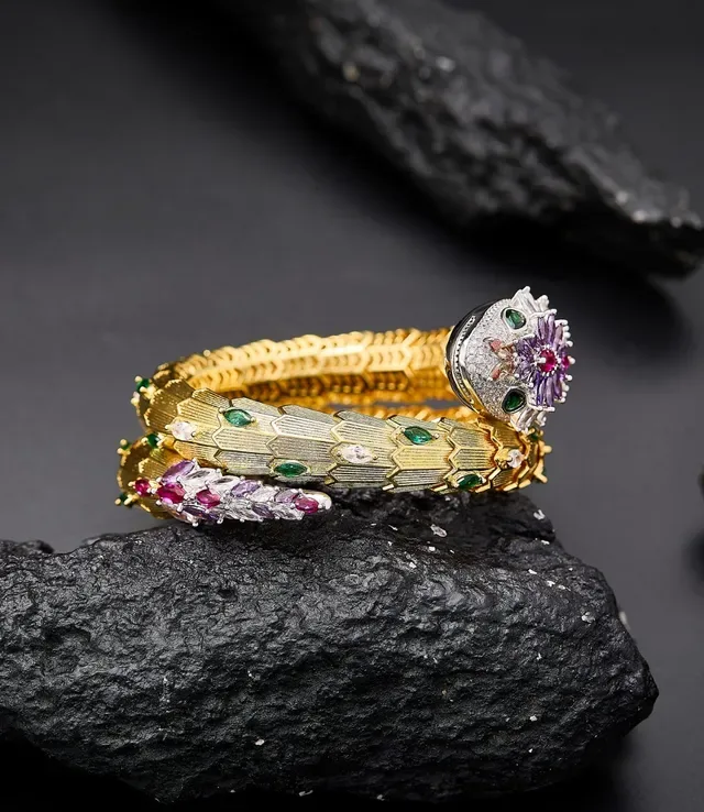 Serpent-Coil Multi-Gem Gold-Tone Bracelet 5