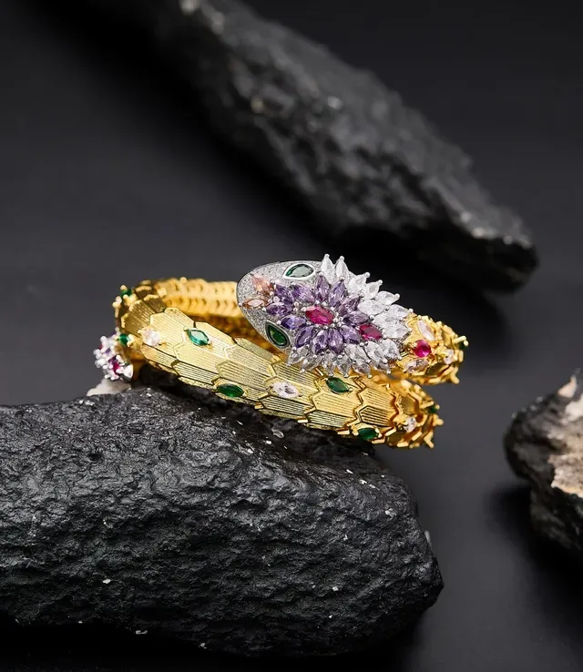 Serpent-Coil Multi-Gem Gold-Tone Bracelet 6