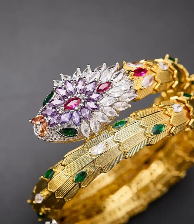 Serpent-Coil Multi-Gem Gold-Tone Bracelet 7