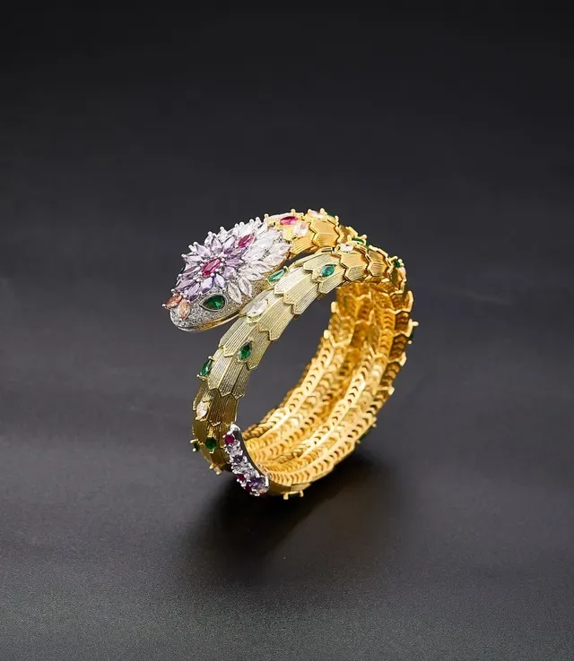 Serpent-Coil Multi-Gem Gold-Tone Bracelet 8