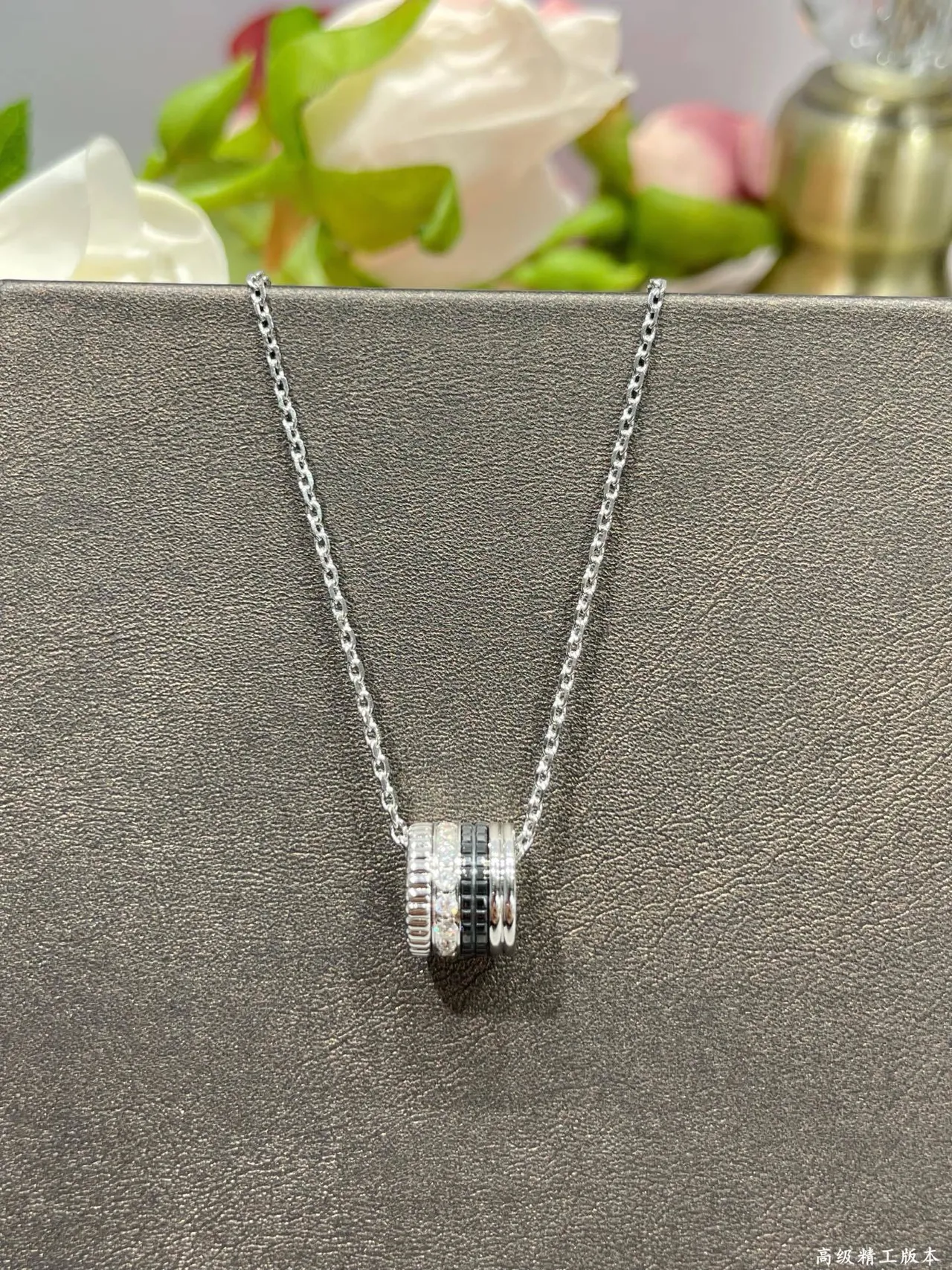 Silver Black Chain Cylindrical Barrel Pendant Necklace 6
