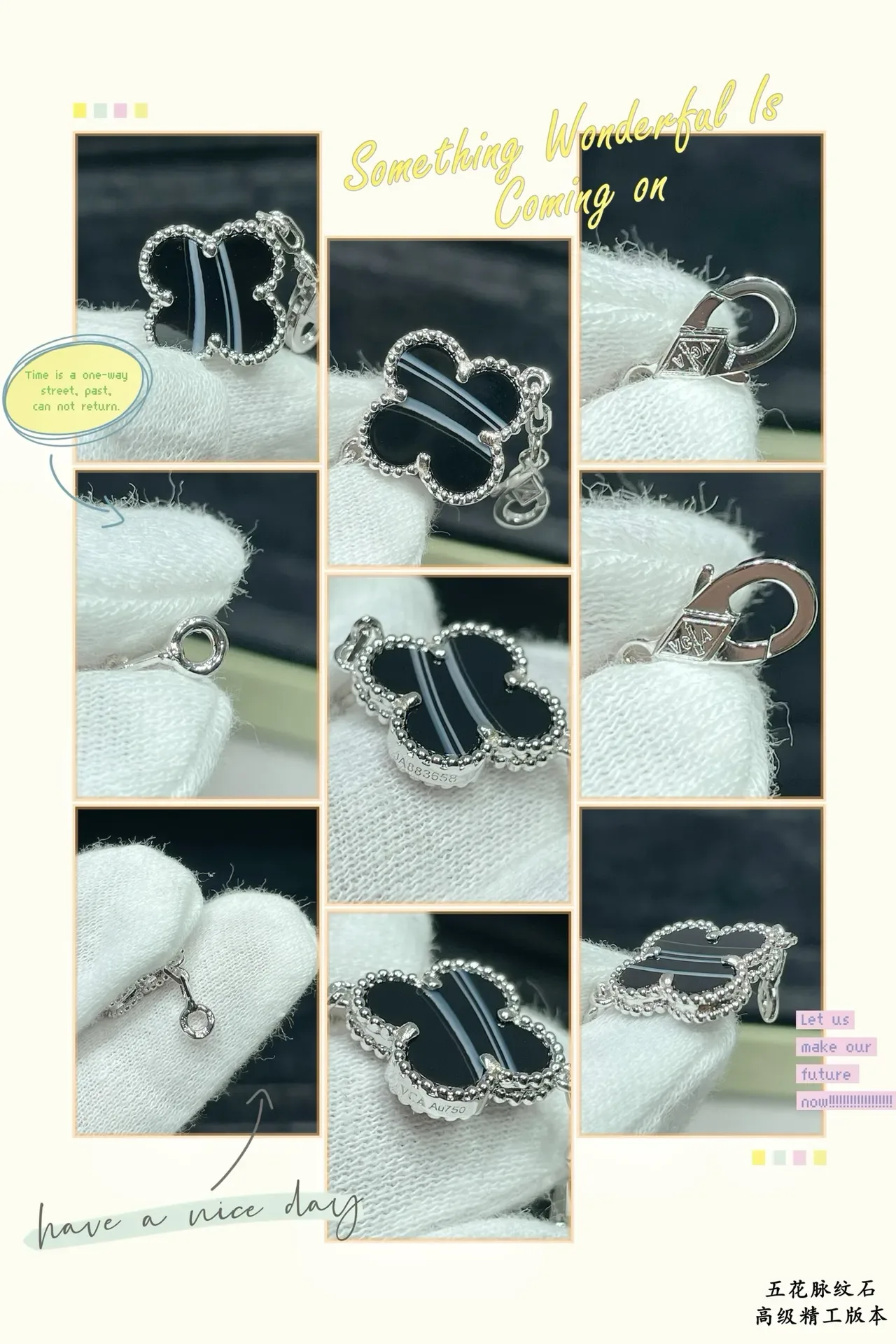Silver Black Chain Link Five Clover-Shaped Stone Charms Bracelet 2