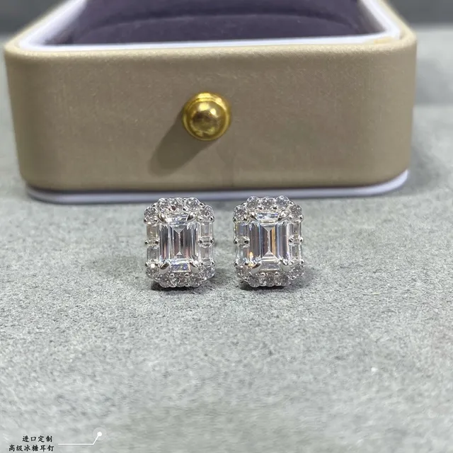 Silver Black Emerald-Cut Center Pavé Halo Earrings 2