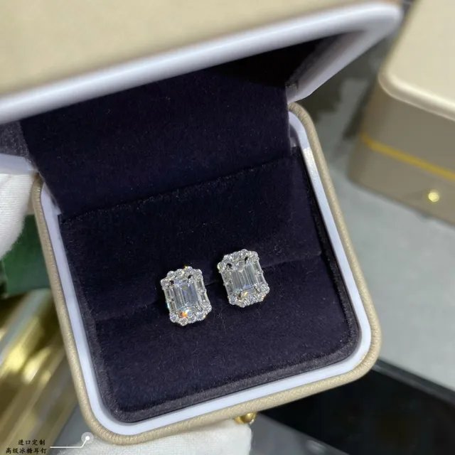 Silver Black Emerald-Cut Center Pavé Halo Earrings 4
