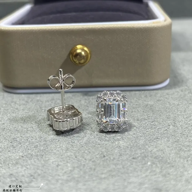 Silver Black Emerald-Cut Center Pavé Halo Earrings 5