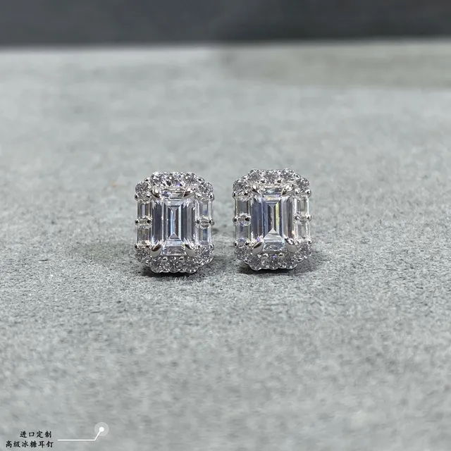 Silver Black Emerald-Cut Center Pavé Halo Earrings 6