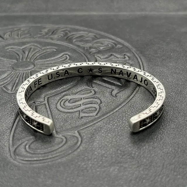 Silver Black Open Cuff Engraved Zigzag Border Bracelet 3