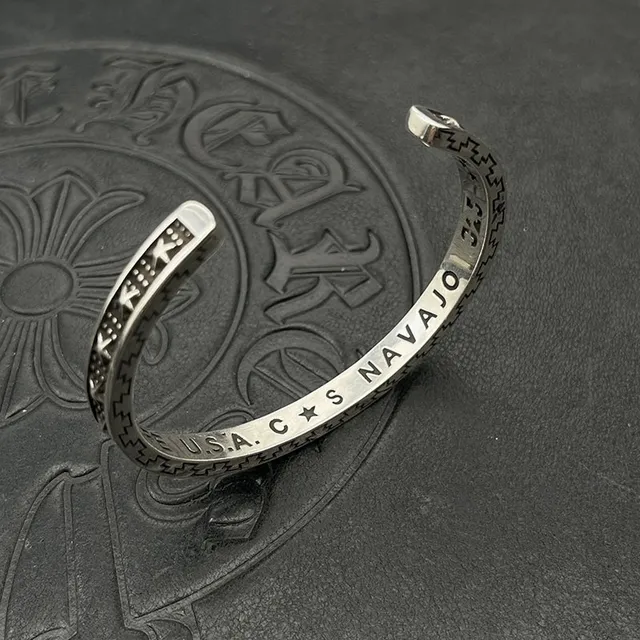 Silver Black Open Cuff Engraved Zigzag Border Bracelet 4