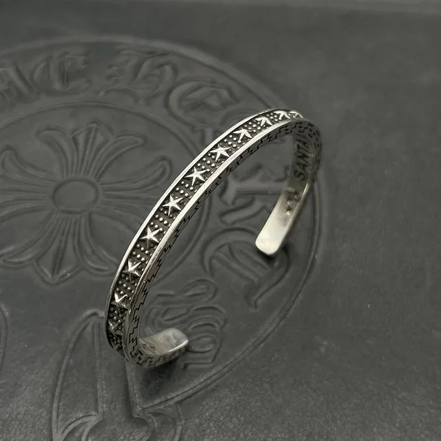 Silver Black Open Cuff Engraved Zigzag Border Bracelet 5