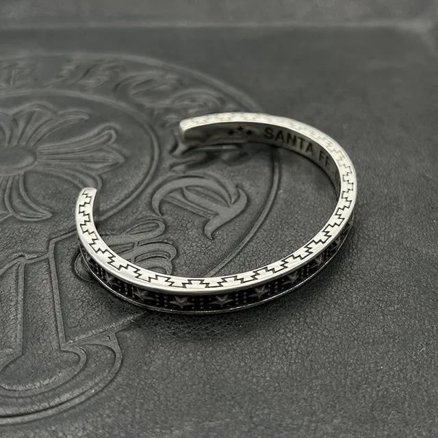 Silver Black Open Cuff Engraved Zigzag Border Bracelet 6