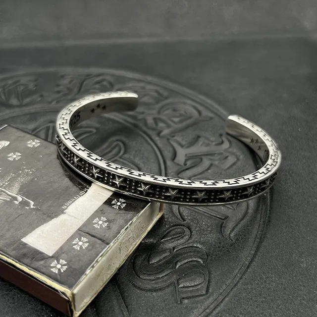 Silver Black Open Cuff Engraved Zigzag Border Bracelet 7