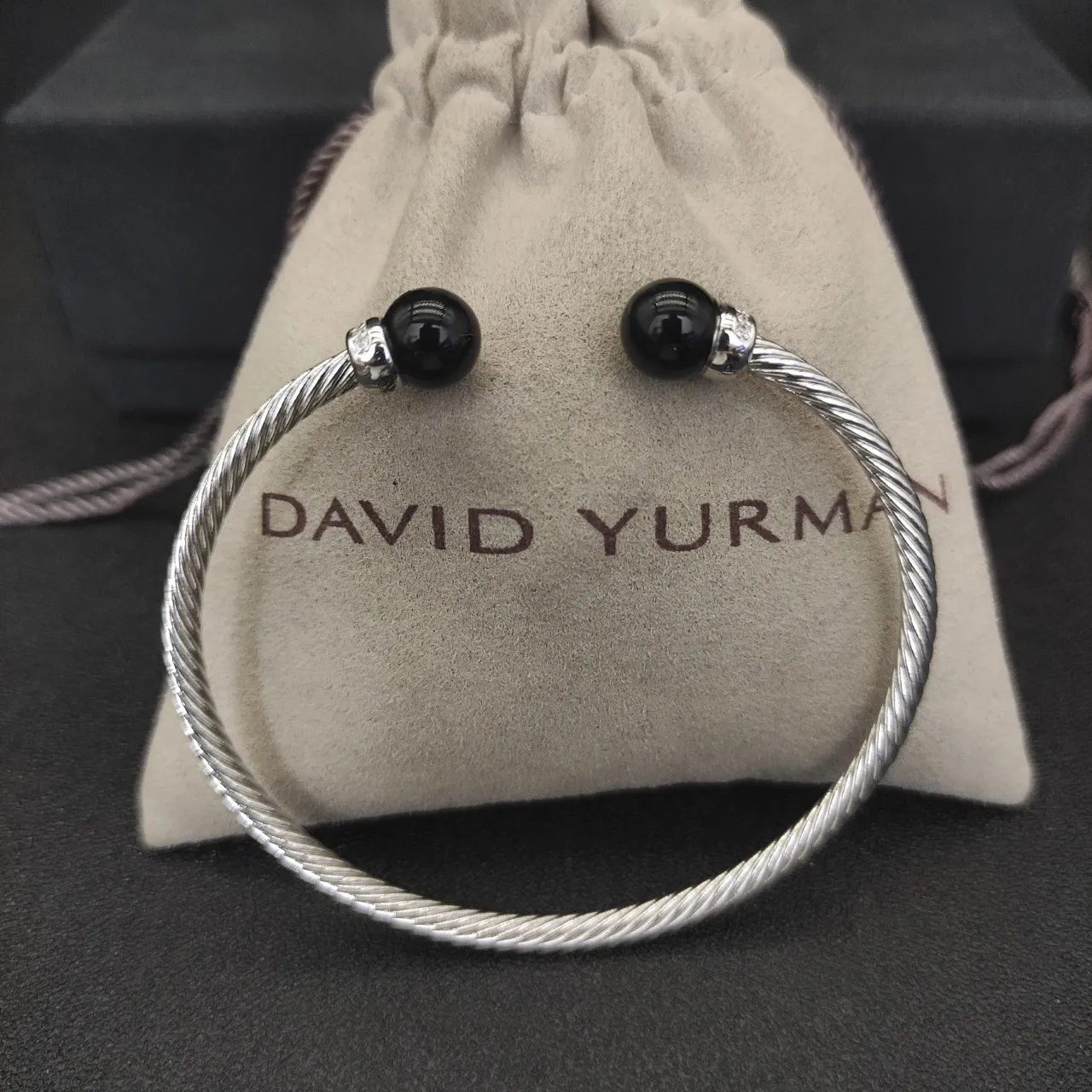 Silver Black Twisted Cable Bead Ends Bracelet 3