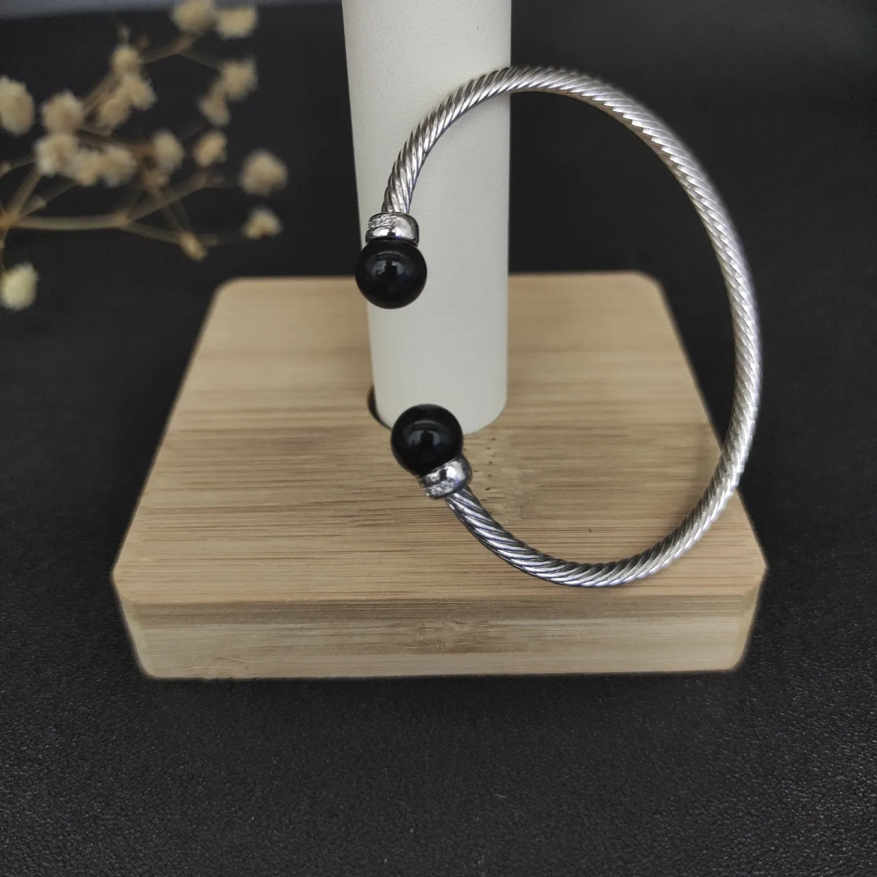 Silver Black Twisted Cable Bead Ends Bracelet 7