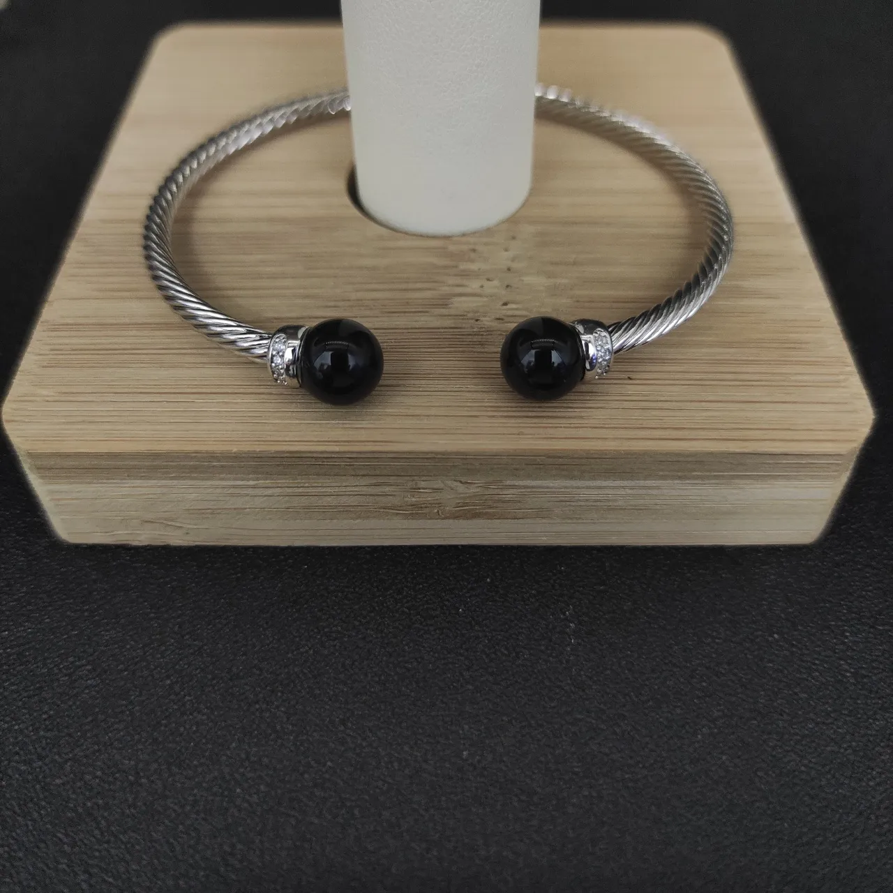 Silver Black Twisted Cable Bead Ends Bracelet 8