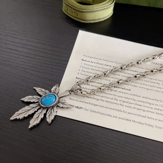 Silver Blue Leaf-Shaped Pendant Turquoise Cabochon Necklace 5