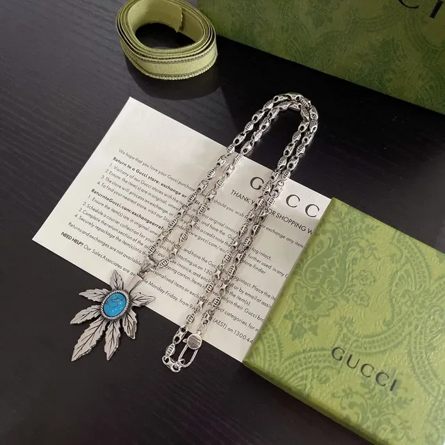 Silver Blue Leaf-Shaped Pendant Turquoise Cabochon Necklace 6