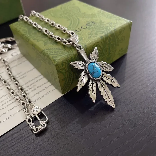 Silver Blue Leaf-Shaped Pendant Turquoise Cabochon Necklace 9