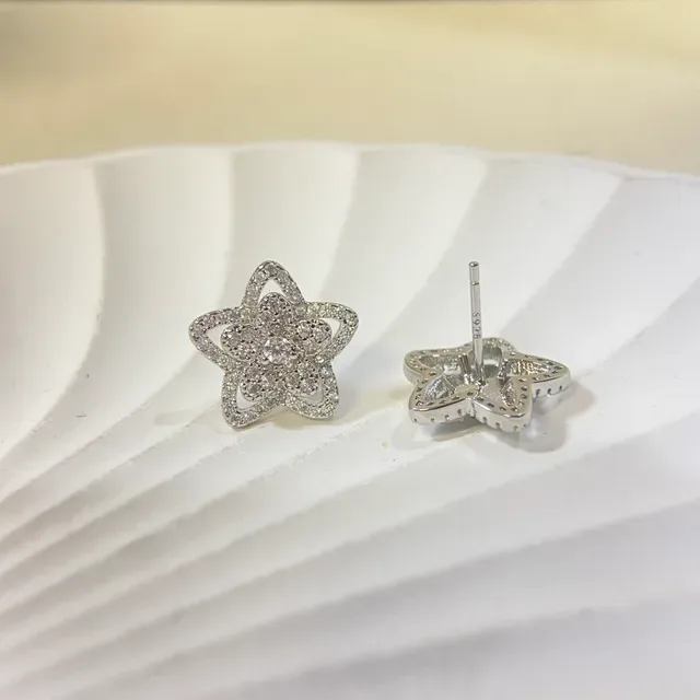 Silver Blue Star-Shaped Floral Motif Pavé-Set Stones Earrings 2