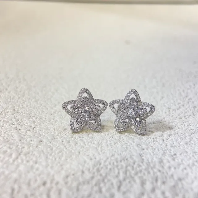 Silver Blue Star-Shaped Floral Motif Pavé-Set Stones Earrings 3