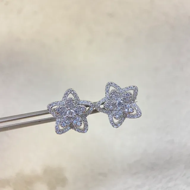 Silver Blue Star-Shaped Floral Motif Pavé-Set Stones Earrings 4