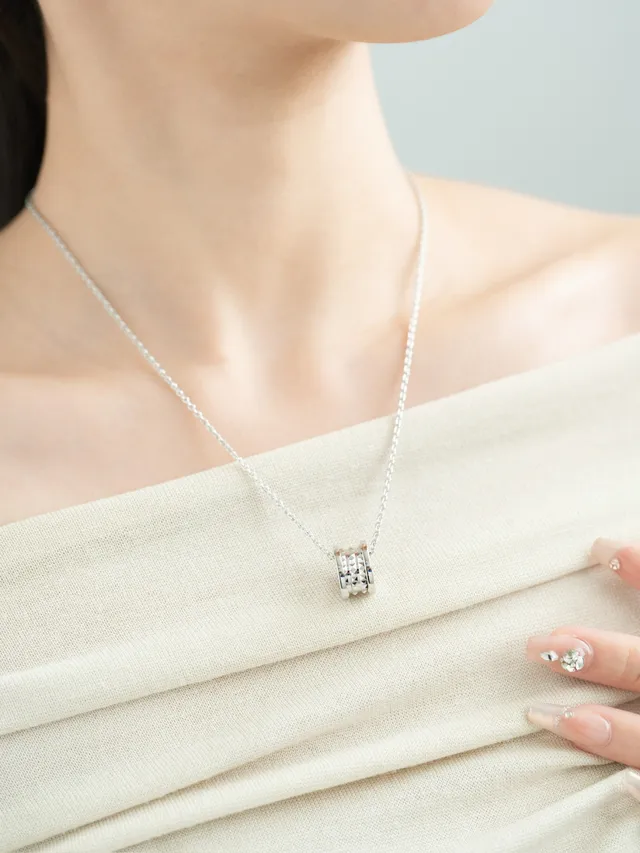 Silver Cylindrical Pyramid-Studded Pendant Necklace 2