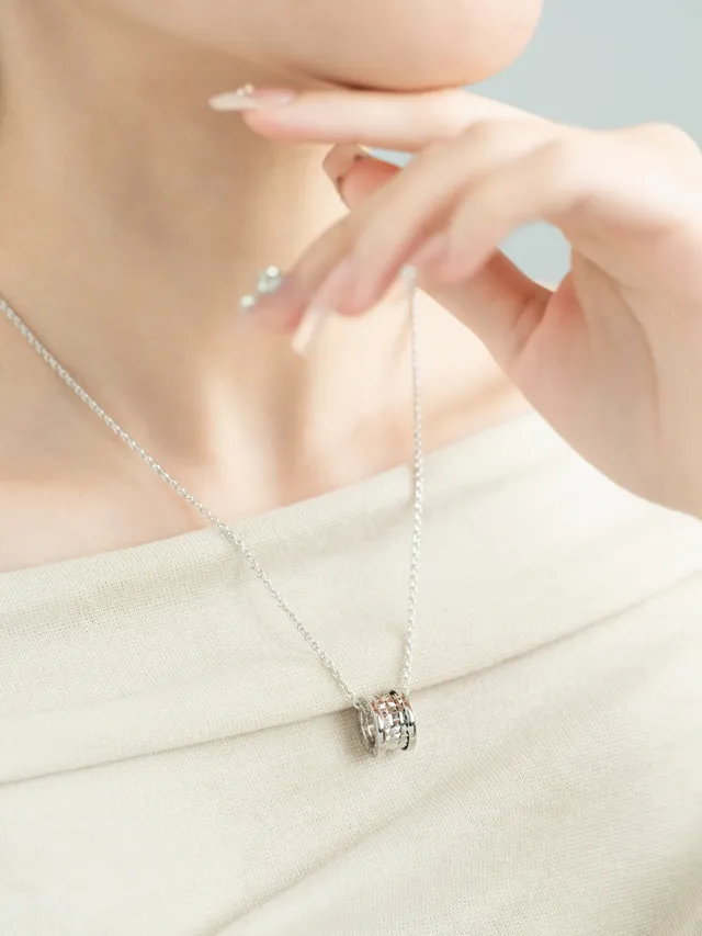 Silver Cylindrical Pyramid-Studded Pendant Necklace 5