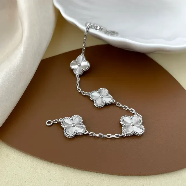 Silver Five-Petal Flower Charms Guilloché Radial Engraving Bracelet 4