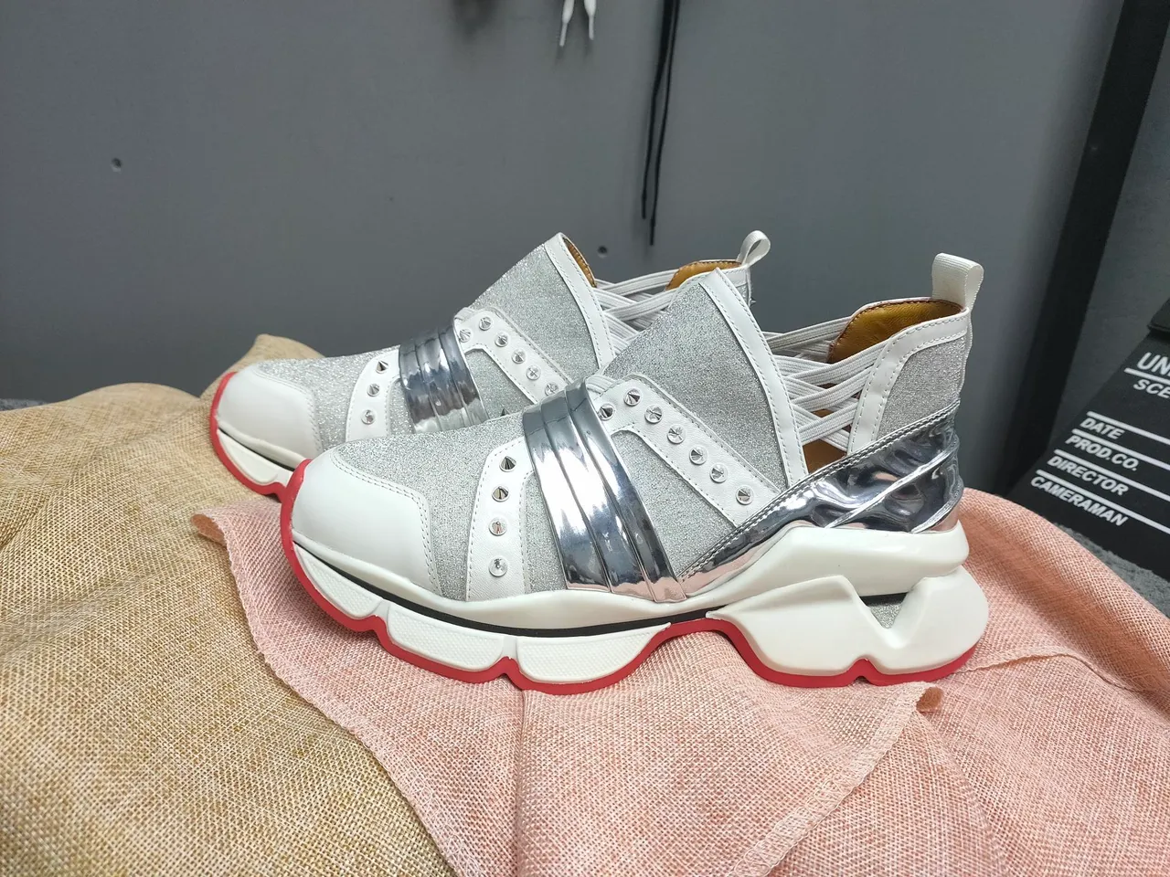 Silver Glitter and Chrome Slip-On Chunky Sneakers 2