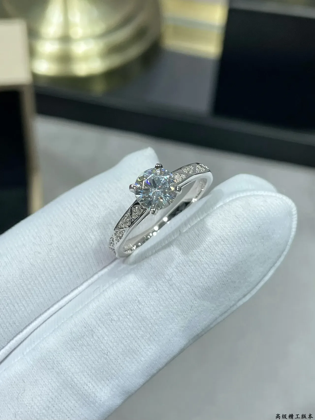 Silver Gold Solitaire Center Stone Pavé-Set Shoulders Ring 3