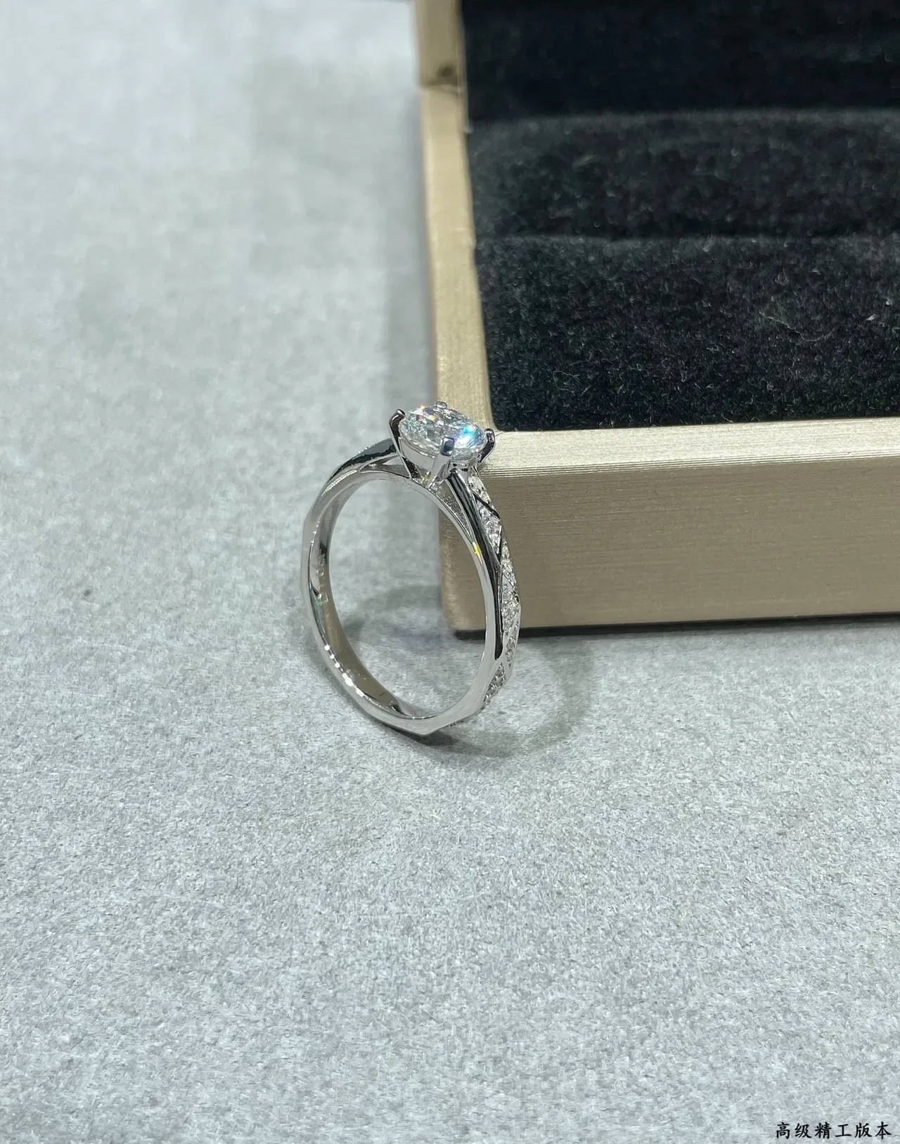 Silver Gold Solitaire Center Stone Pavé-Set Shoulders Ring 5