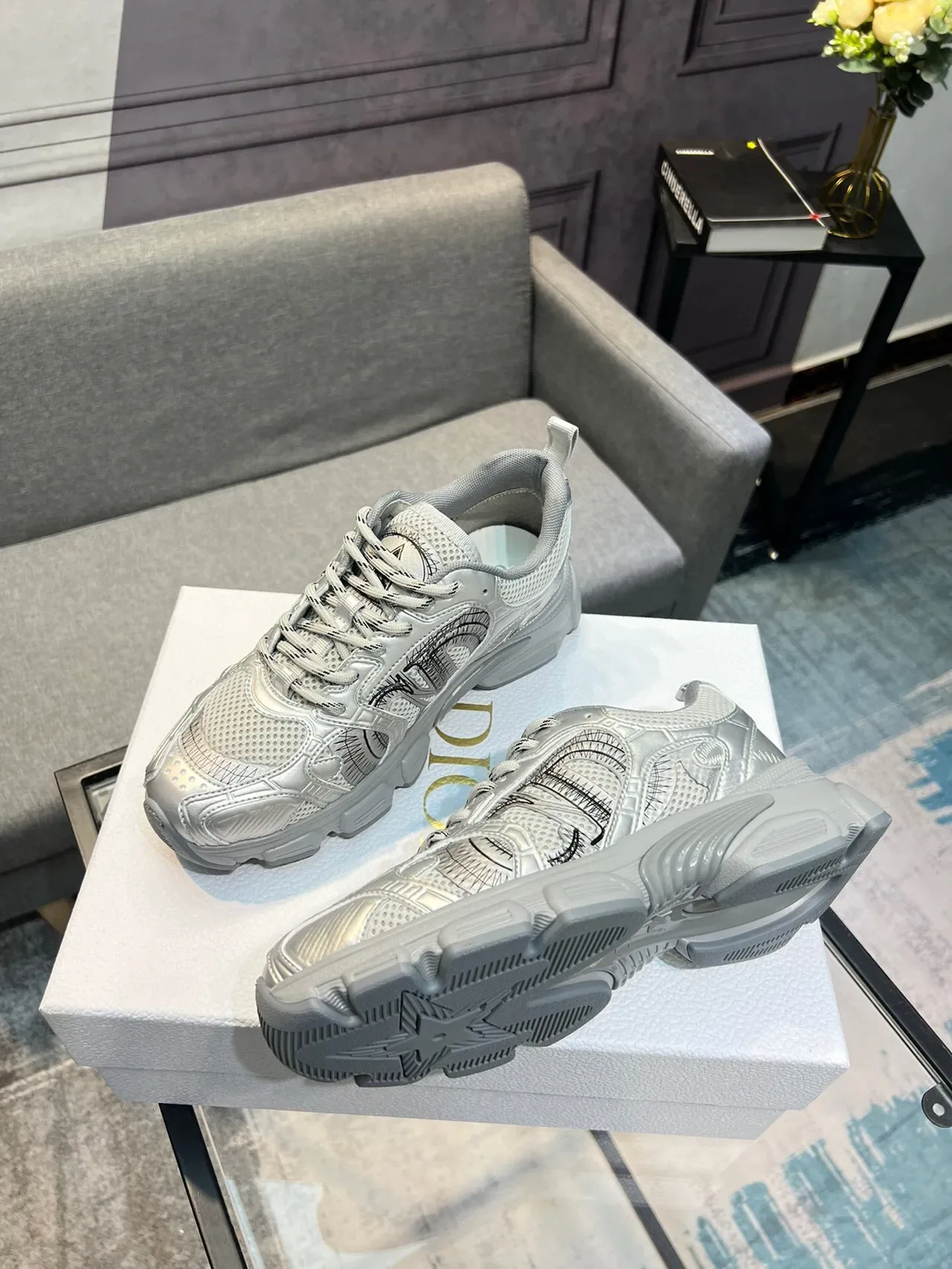 Silver Gray Sole Metallic Finish Chunky Sneakers 2
