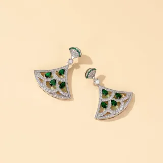 Silver Green Fan-Shaped Openwork Pavé Diamond Border Earrings