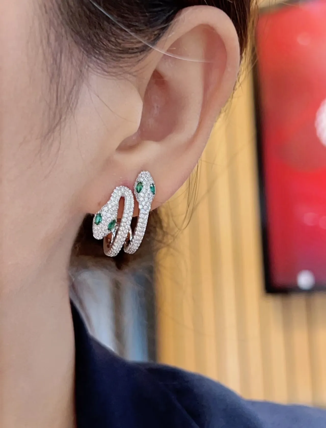 Silver Green Snake-Shaped Pavé-Set Earrings 3