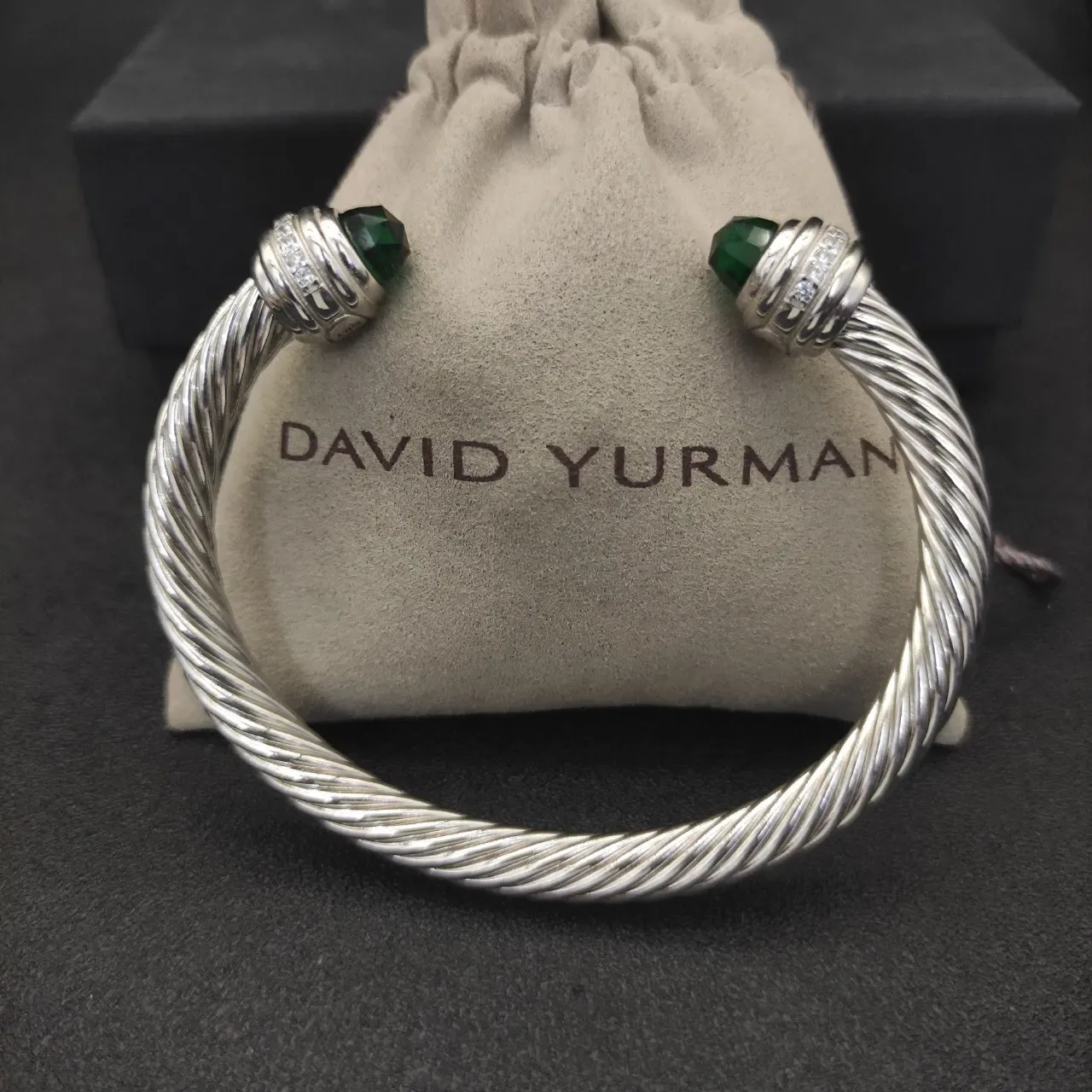 Silver Green Twisted Cable Faceted Stone Terminals Bracelet 2