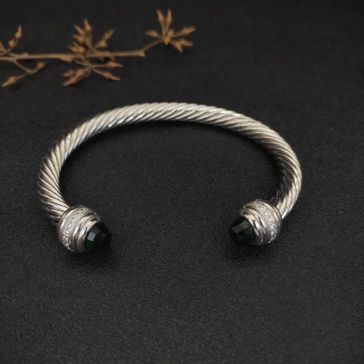 Silver Green Twisted Cable Faceted Stone Terminals Bracelet 9
