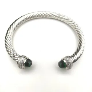 Pulsera de cable trenzado silver green con terminales de piedra facetada
