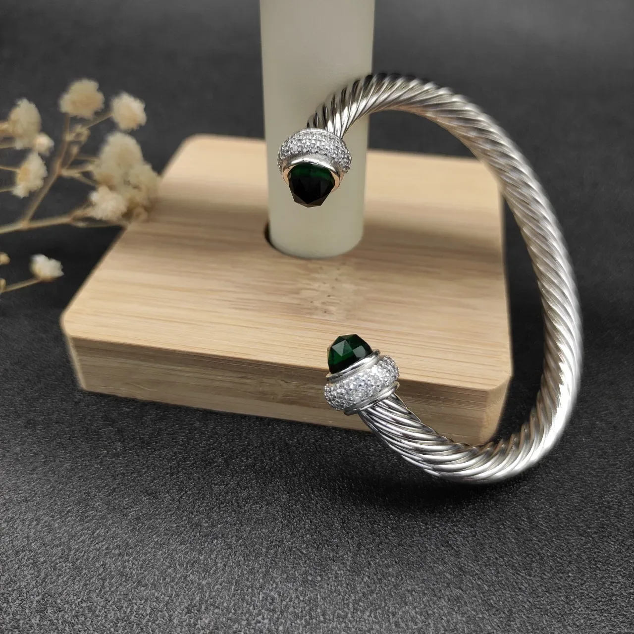 Silver Green Twisted Cable Faceted Stone Terminals Bracelet 4