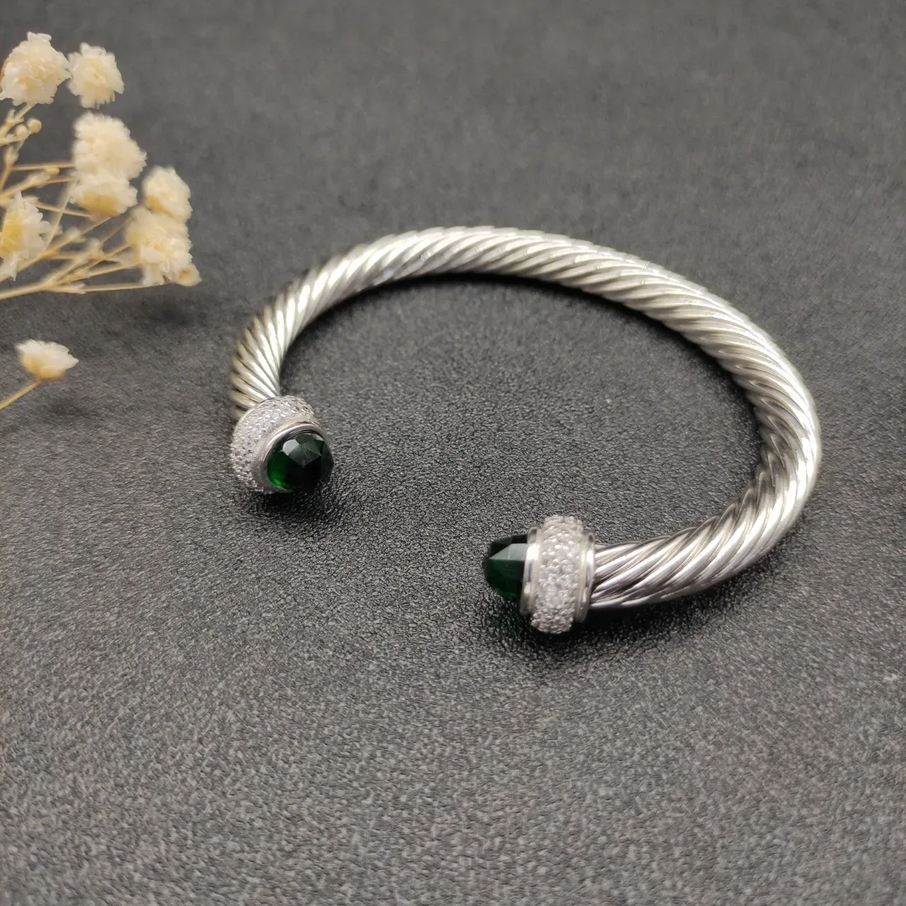 Silver Green Twisted Cable Faceted Stone Terminals Bracelet 6
