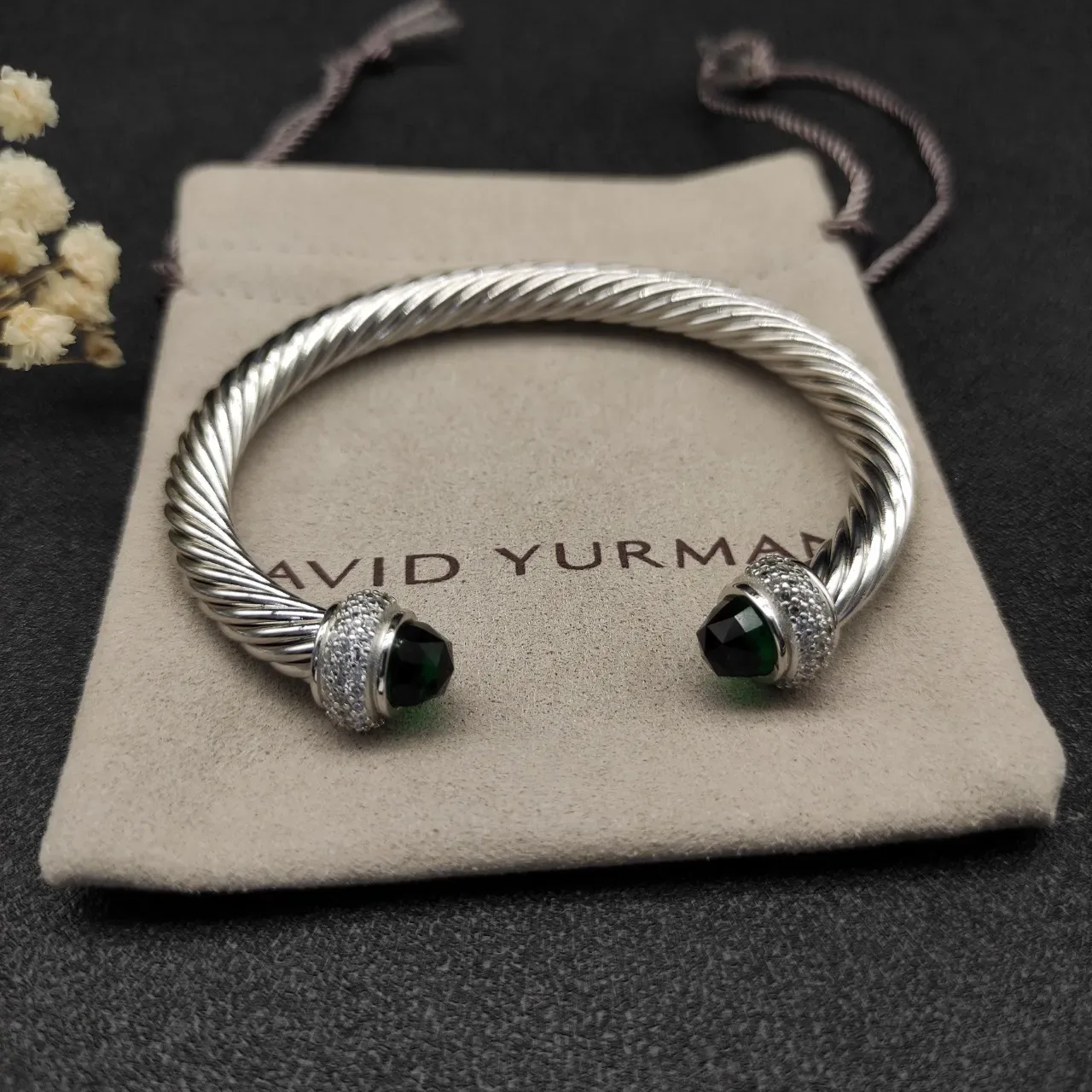 Silver Green Twisted Cable Faceted Stone Terminals Bracelet 7