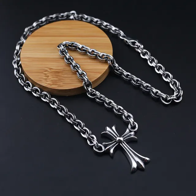 Silver Heavy-Link Curb Chain Stylized Fleur-De-Lis Cross Pendant Necklace 2