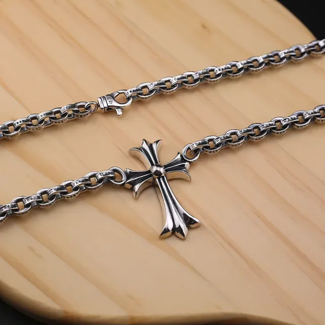 Silver Heavy-Link Curb Chain Stylized Fleur-De-Lis Cross Pendant Necklace 3
