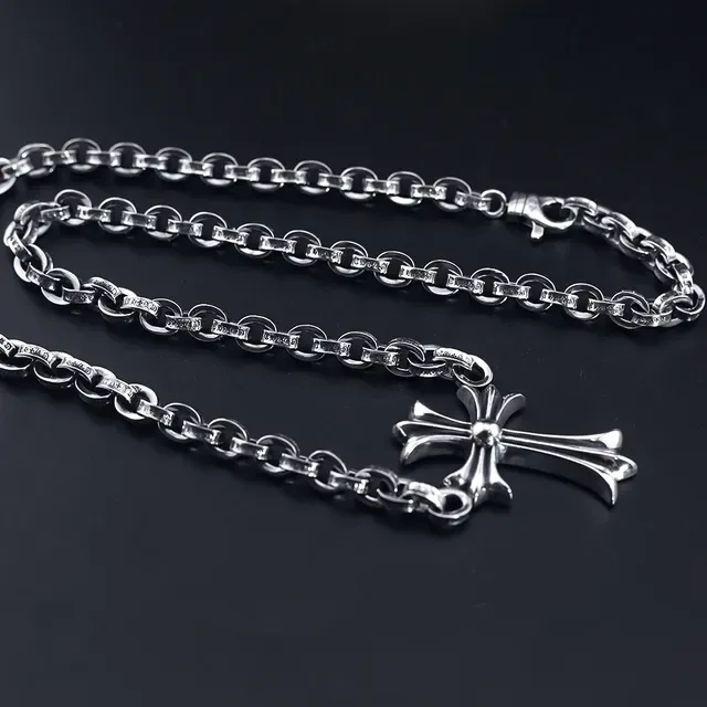 Silver Heavy-Link Curb Chain Stylized Fleur-De-Lis Cross Pendant Necklace 4
