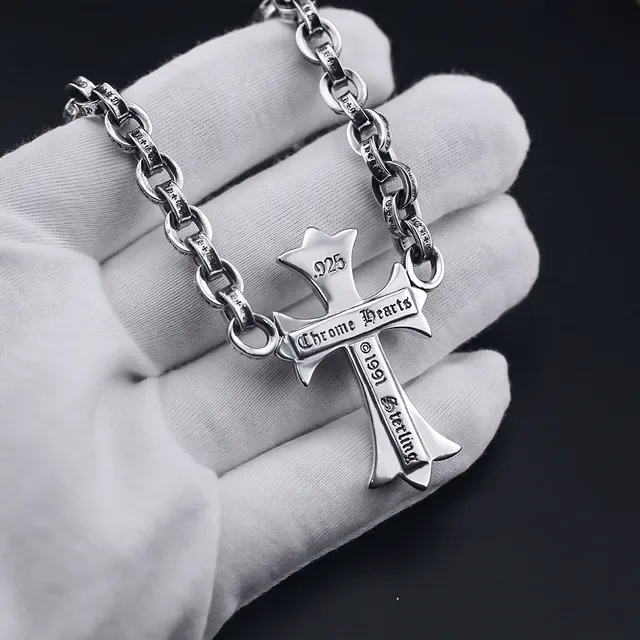Silver Heavy-Link Curb Chain Stylized Fleur-De-Lis Cross Pendant Necklace 5